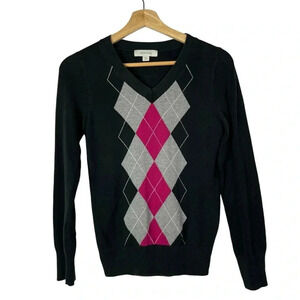 Merona Black & Pink Argyle V-Neck Y2K Pullover Sweater XS